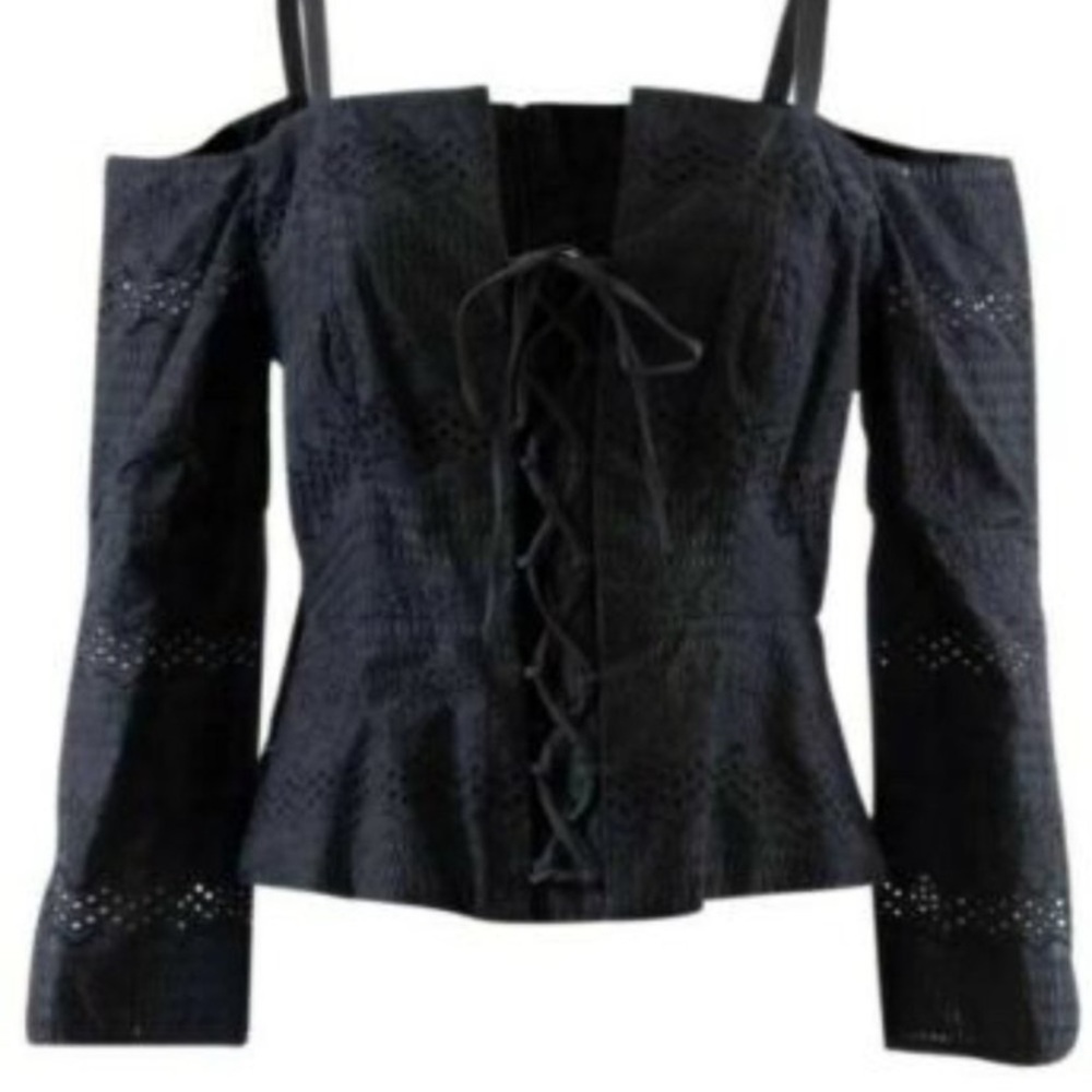 New with tags BCBG MAX AZRIA COLD-SHOULDER EYELET LACE-UP TOP BLACK size small